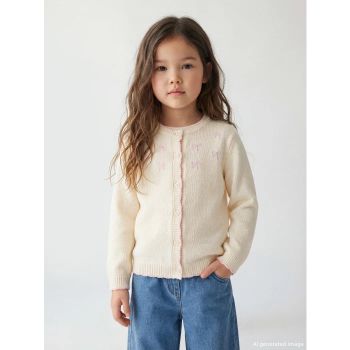 LCW Kids Ekru Standart Kalıp Kız Çocuk Nakışlı Triko Hırka