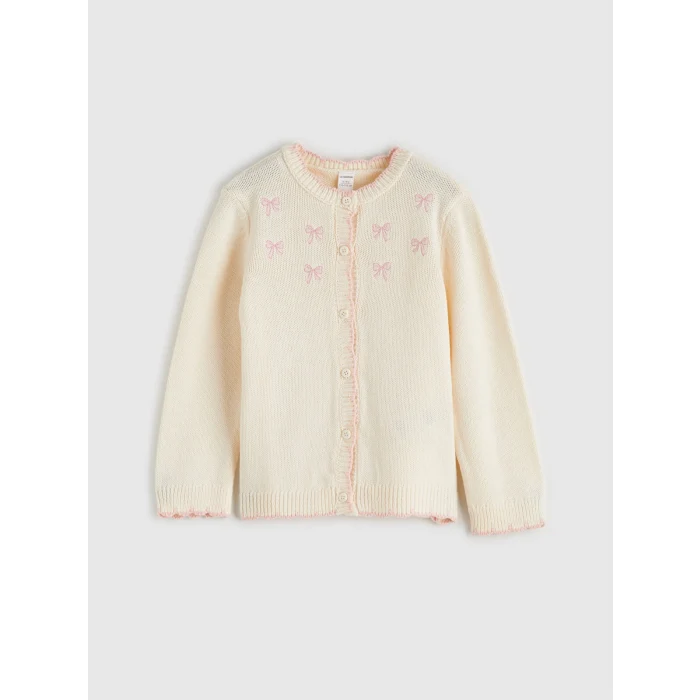 LCW Kids Ekru Standart Kalıp Kız Çocuk Nakışlı Triko Hırka