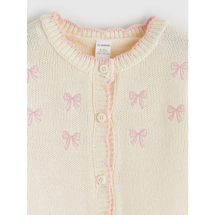 LCW Kids Ekru Standart Kalıp Kız Çocuk Nakışlı Triko Hırka