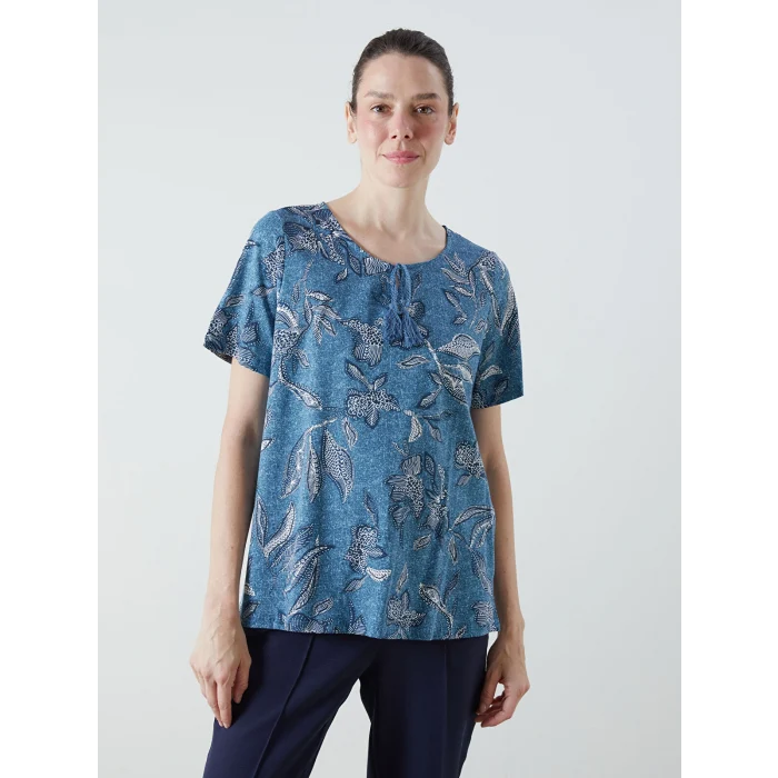 LCW Grace İndigo Bağlamalı Yaka Desenli Bluz