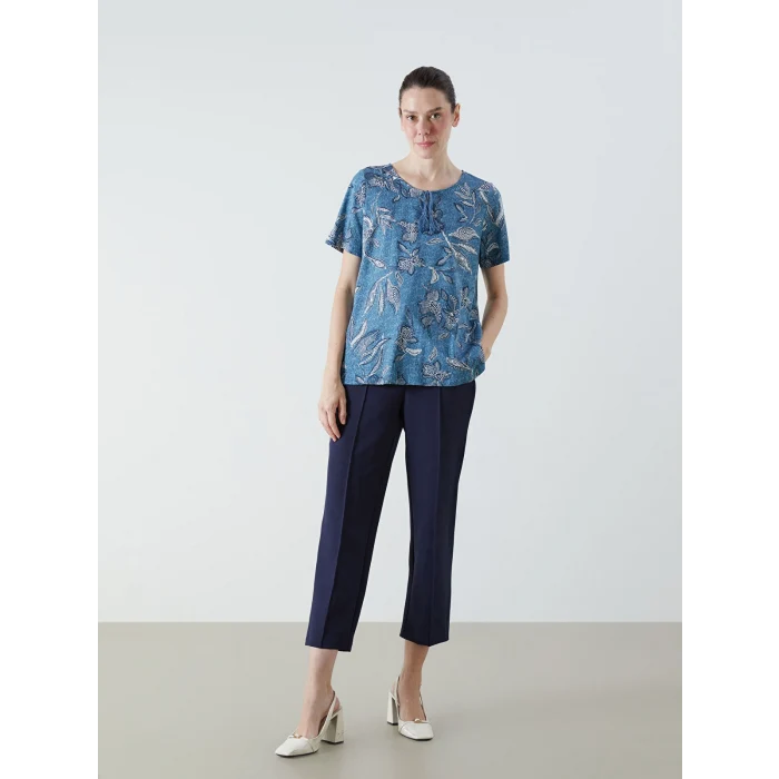 LCW Grace İndigo Bağlamalı Yaka Desenli Bluz