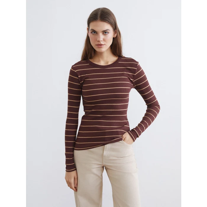 LCWAIKIKI Basic Kahverengi Bisiklet Yaka Çizgili Kadın Body