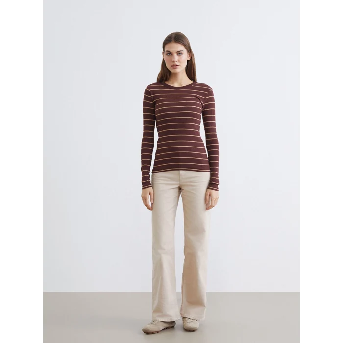 LCWAIKIKI Basic Kahverengi Bisiklet Yaka Çizgili Kadın Body