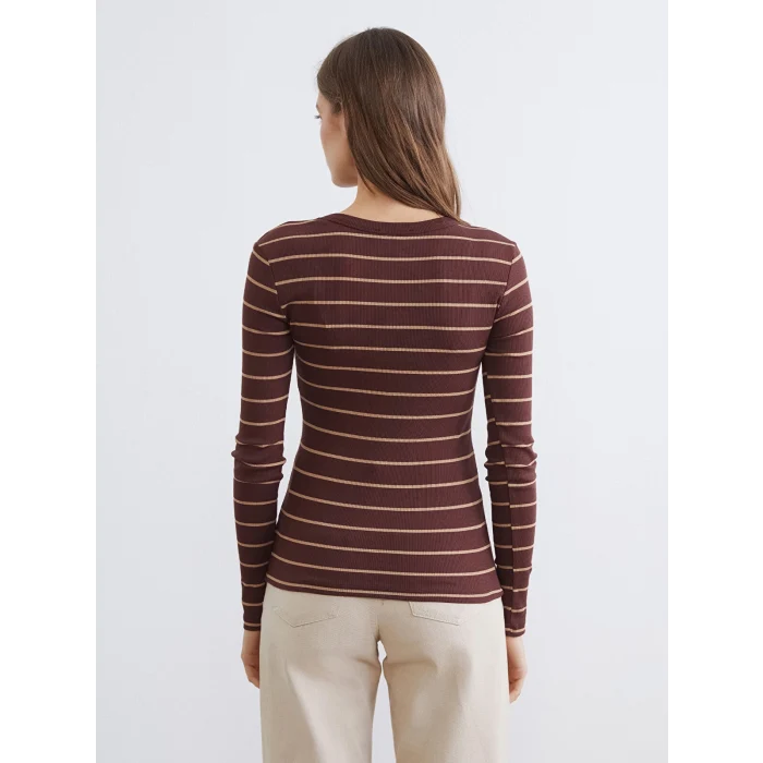 LCWAIKIKI Basic Kahverengi Bisiklet Yaka Çizgili Kadın Body