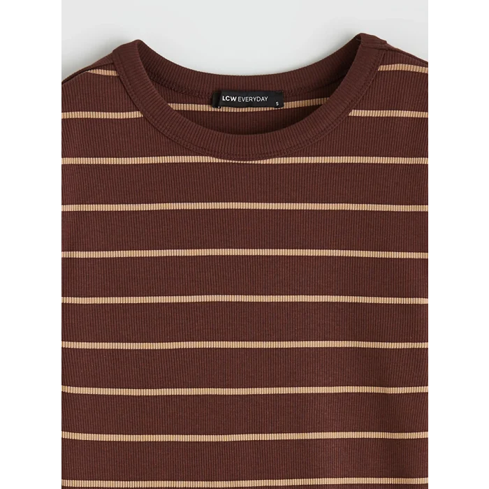 LCWAIKIKI Basic Kahverengi Bisiklet Yaka Çizgili Kadın Body