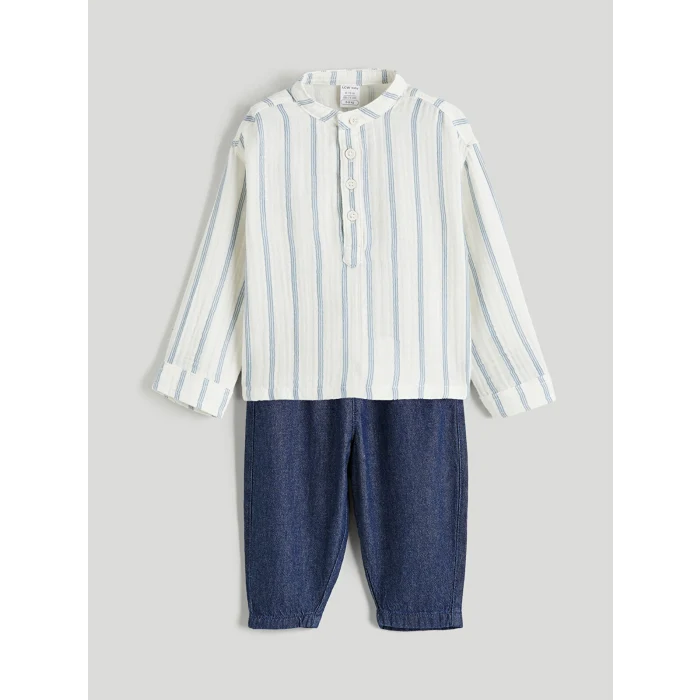 LCW baby Ekru Hakim Yaka Çizgili Erkek Bebek Gömlek ve Pantolon