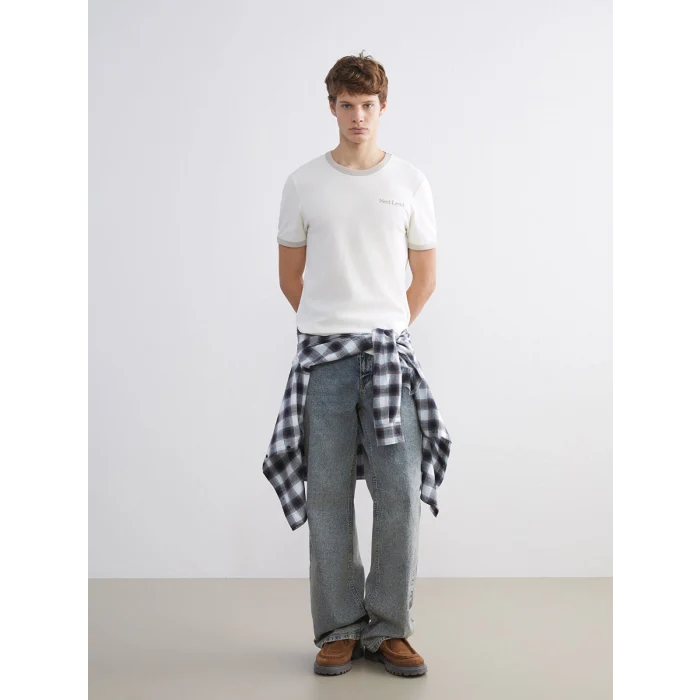 XSIDE Ekru Bisiklet Yaka Baskılı Penye Erkek Tişört