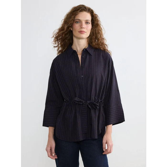 LCWAIKIKI Classic Lacivert Çizgili Bağlamalı Oversize Kadın Gömlek