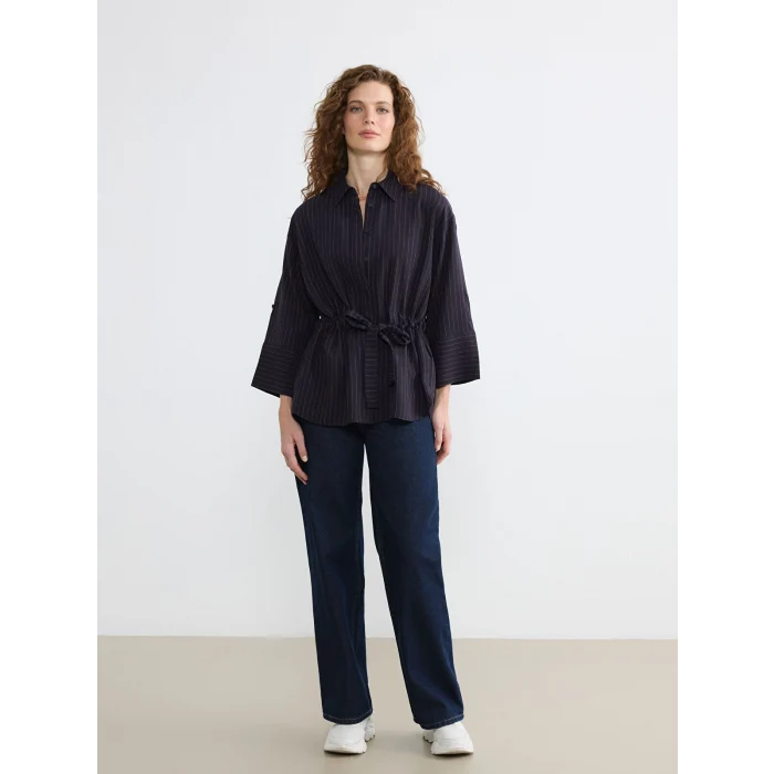 LCWAIKIKI Classic Lacivert Çizgili Bağlamalı Oversize Kadın Gömlek