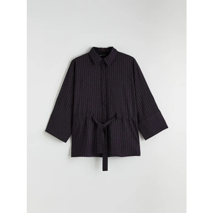 LCWAIKIKI Classic Lacivert Çizgili Bağlamalı Oversize Kadın Gömlek