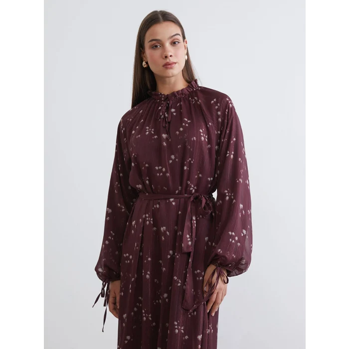 LCW Modest Bordo Desenli Belden Oturtmalı Şifon Elbise