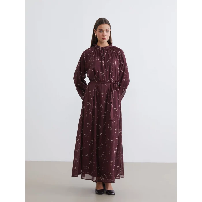 LCW Modest Bordo Desenli Belden Oturtmalı Şifon Elbise