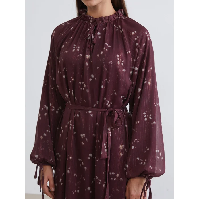 LCW Modest Bordo Desenli Belden Oturtmalı Şifon Elbise