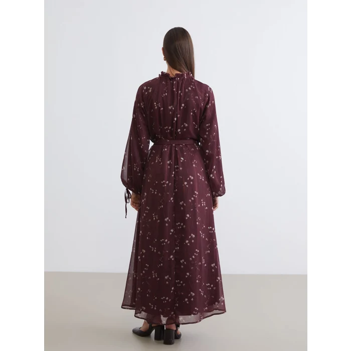LCW Modest Bordo Desenli Belden Oturtmalı Şifon Elbise