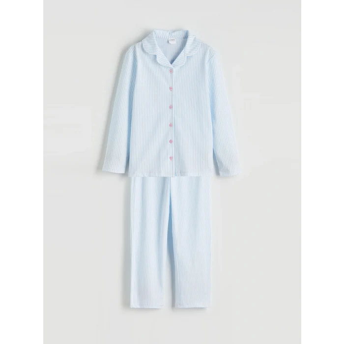 LCW Kids Beyaz Çizgili Gömlek Yaka Kız Çocuk Pijama Takım