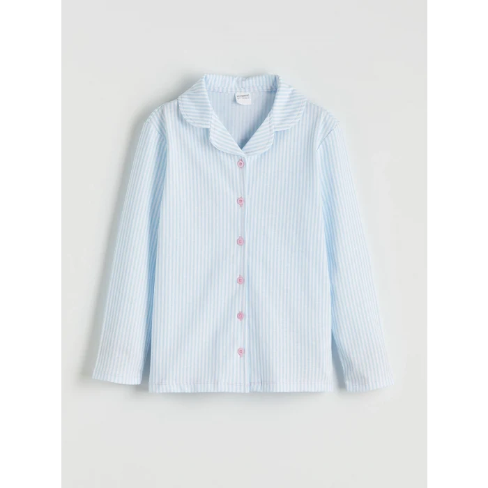 LCW Kids Beyaz Çizgili Gömlek Yaka Kız Çocuk Pijama Takım