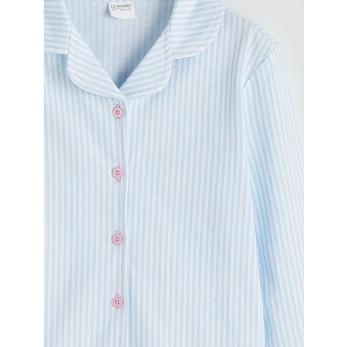 LCW Kids Beyaz Çizgili Gömlek Yaka Kız Çocuk Pijama Takım