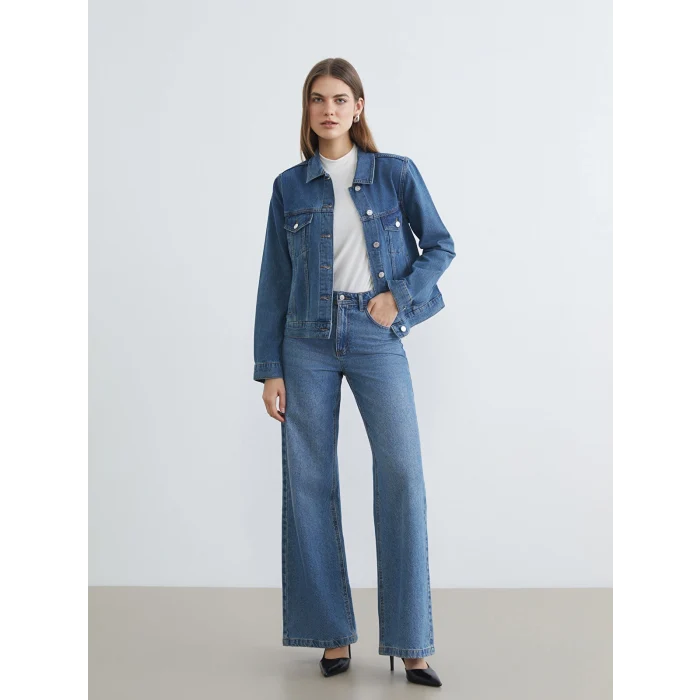 LCWAIKIKI Classic İndigo Gömlek Yaka Kadın Jean Ceket