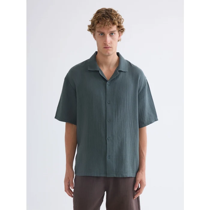 XSIDE Yeşil Rahat Kalıp Resort Yaka Kısa Kollu Müslin Erkek Gömlek