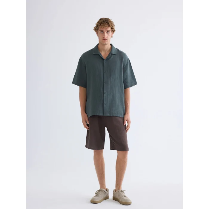 XSIDE Yeşil Rahat Kalıp Resort Yaka Kısa Kollu Müslin Erkek Gömlek