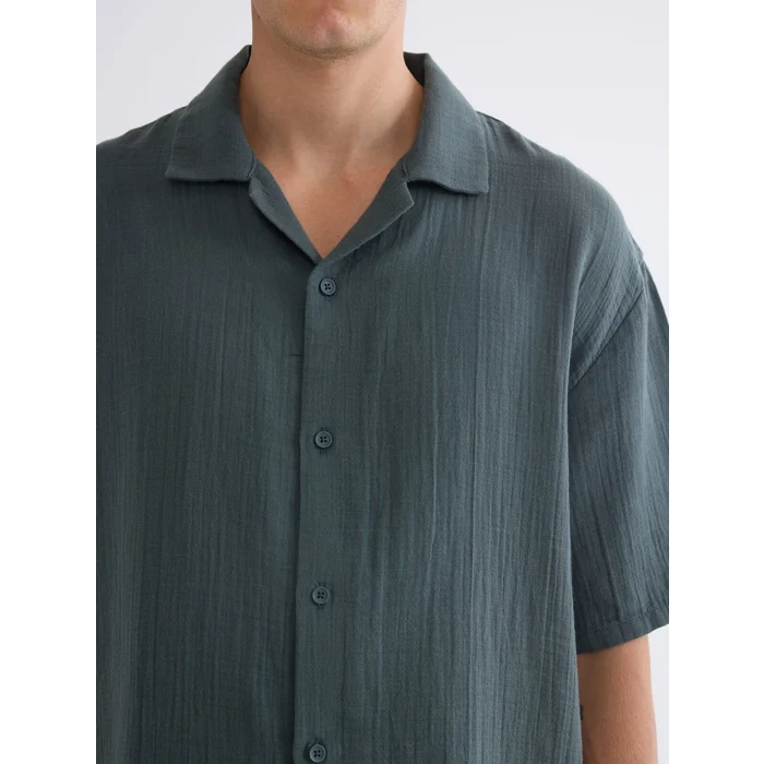 XSIDE Yeşil Rahat Kalıp Resort Yaka Kısa Kollu Müslin Erkek Gömlek