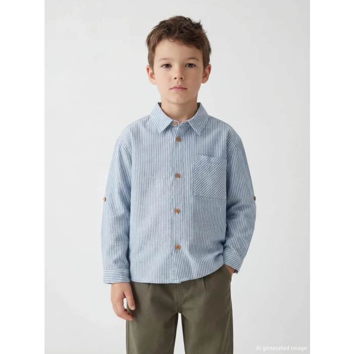LCW Kids Mavi Çizgili Keten Karışımlı Erkek Çocuk Gömlek