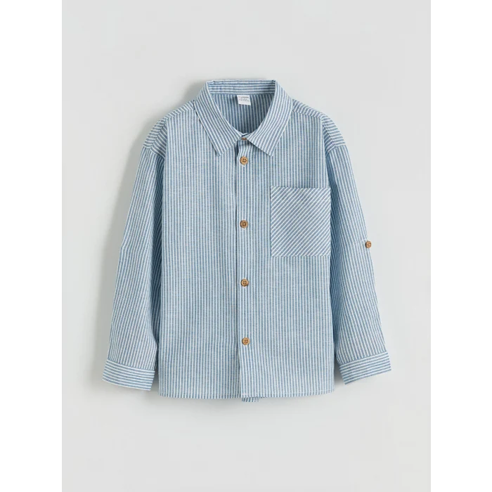 LCW Kids Mavi Çizgili Keten Karışımlı Erkek Çocuk Gömlek