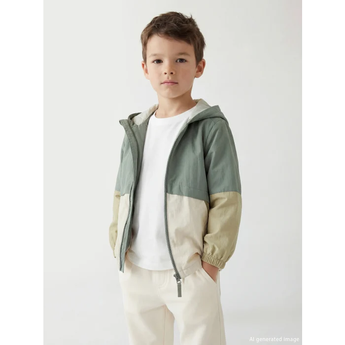 LCW Kids Haki Kapüşonlu Renk Bloklu Erkek Çocuk Mont