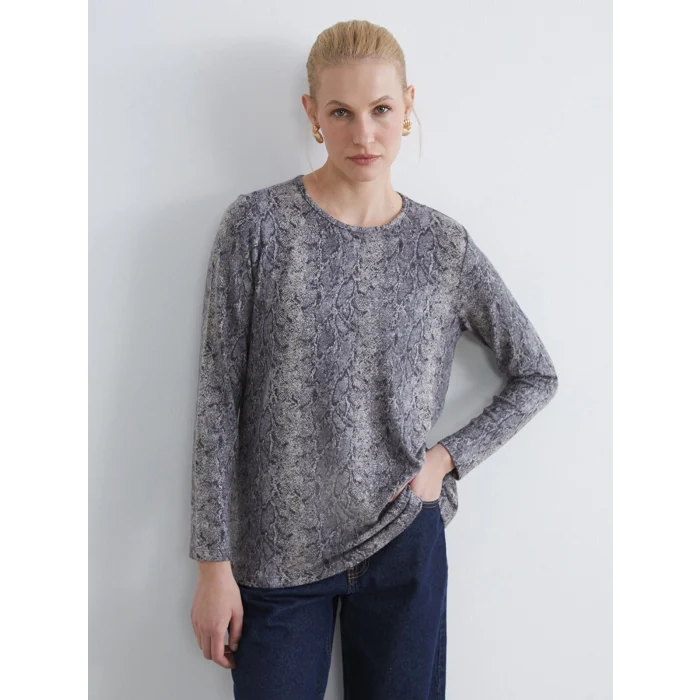 LCW Grace Gri Bisiklet Yaka Yılan Derisi Desenli Kadın Tişört