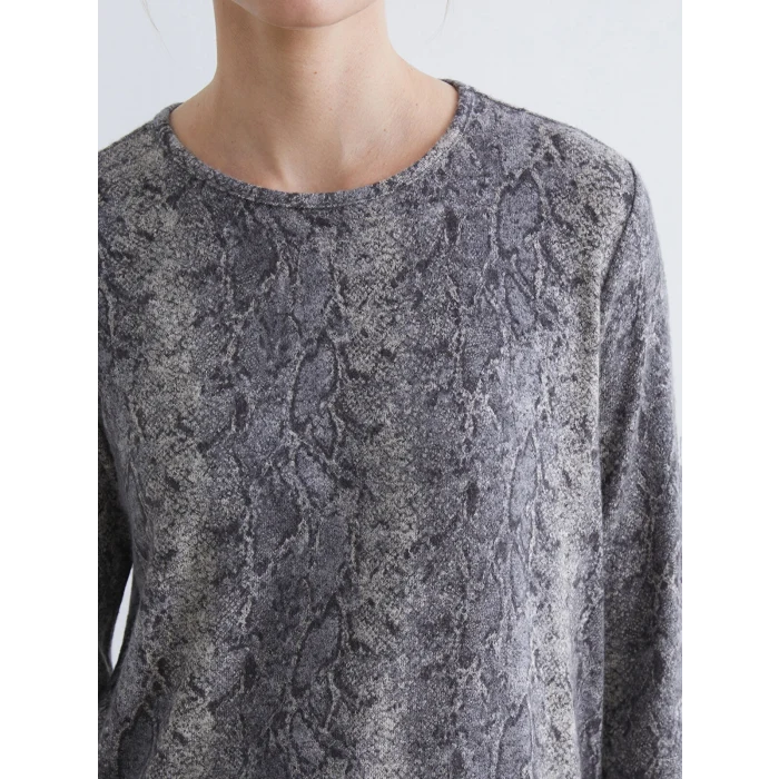 LCW Grace Gri Bisiklet Yaka Yılan Derisi Desenli Kadın Tişört