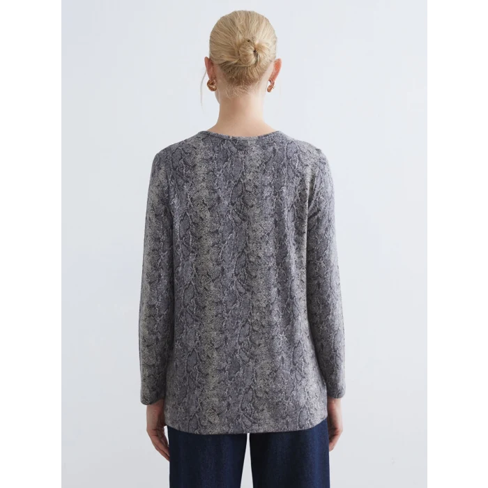 LCW Grace Gri Bisiklet Yaka Yılan Derisi Desenli Kadın Tişört