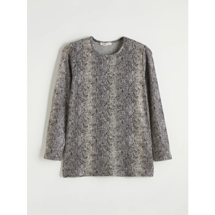 LCW Grace Gri Bisiklet Yaka Yılan Derisi Desenli Kadın Tişört