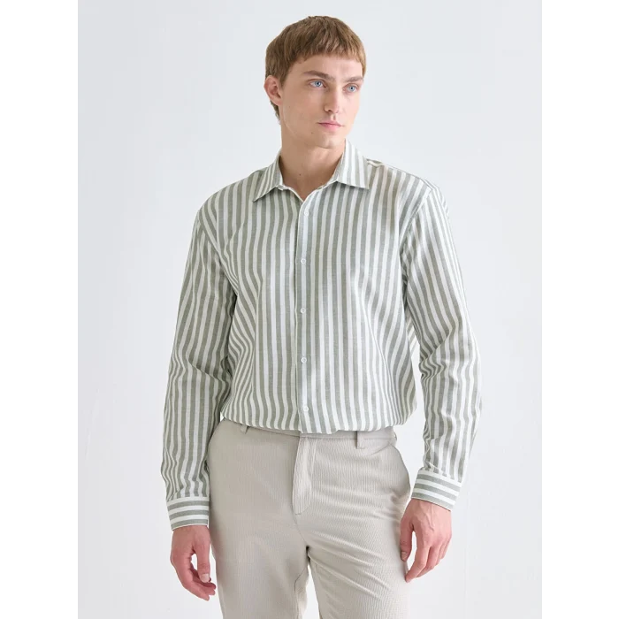 LCW Vision Yeşil Regular Fit Uzun Kollu Çizgili Erkek Gömlek