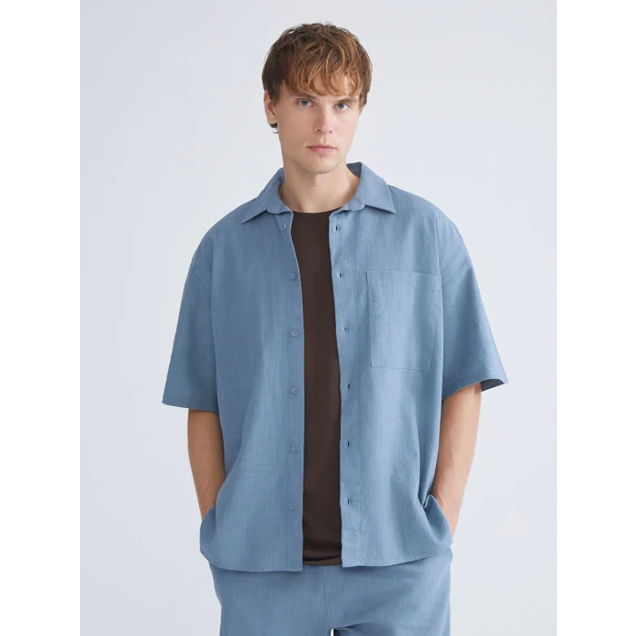 XSIDE İndigo Rahat Kalıp Kısa Kollu Keten Görünümlü Erkek Gömlek