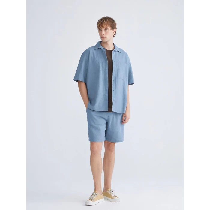 XSIDE İndigo Rahat Kalıp Kısa Kollu Keten Görünümlü Erkek Gömlek