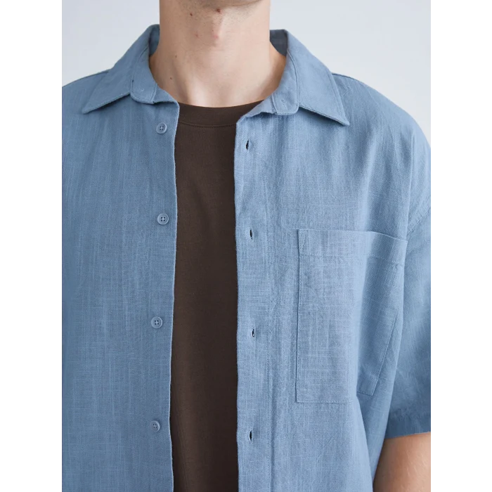XSIDE İndigo Rahat Kalıp Kısa Kollu Keten Görünümlü Erkek Gömlek