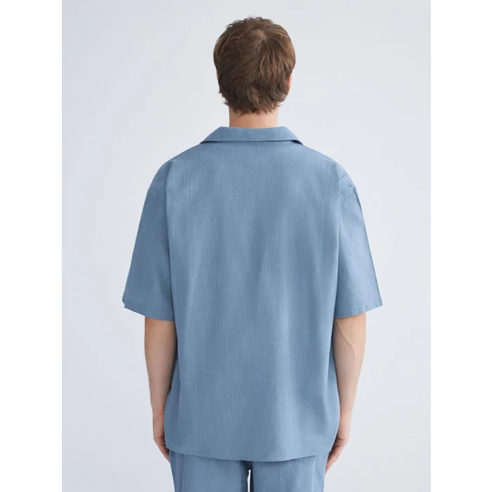 XSIDE İndigo Rahat Kalıp Kısa Kollu Keten Görünümlü Erkek Gömlek