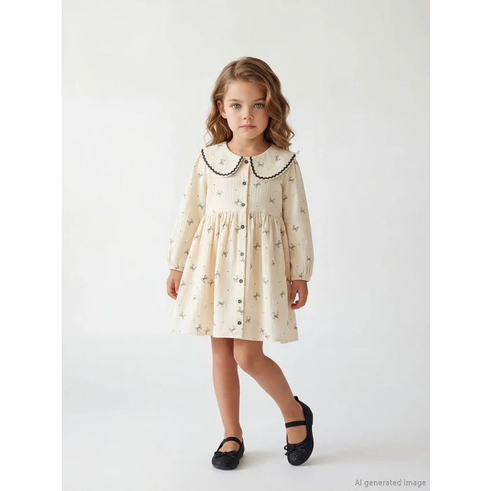 LCW Kids Ekru Bebe Yaka Fırfırlı Kız Çocuk Elbise