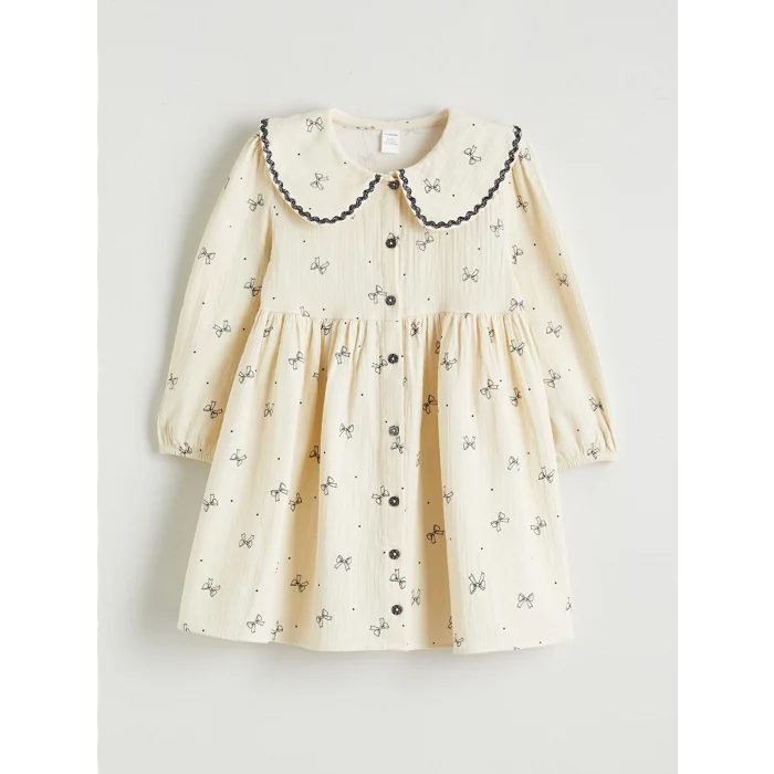 LCW Kids Ekru Bebe Yaka Fırfırlı Kız Çocuk Elbise