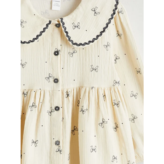 LCW Kids Ekru Bebe Yaka Fırfırlı Kız Çocuk Elbise