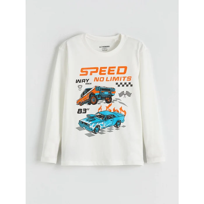 LCW Kids Ekru Bisiklet Yaka Baskılı Erkek Çocuk Pijama Takımı