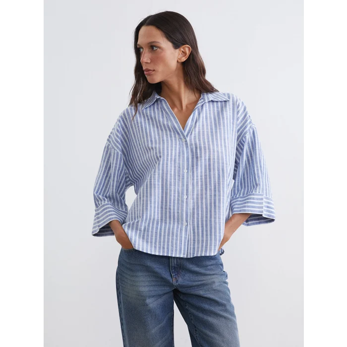 LCW Vision Mavi Çizgili Oversize Poplin Kadın Gömlek