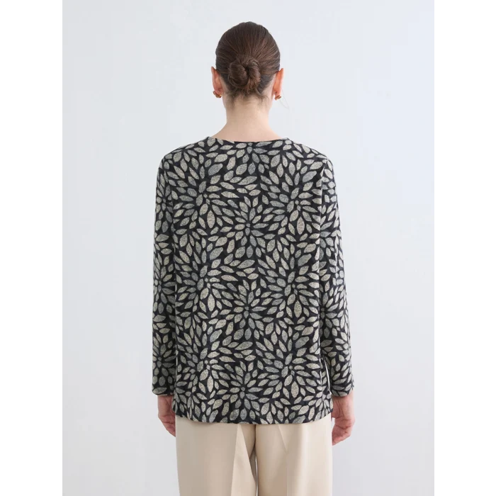 LCW Grace Siyah Bisiklet Yaka Desenli Bluz