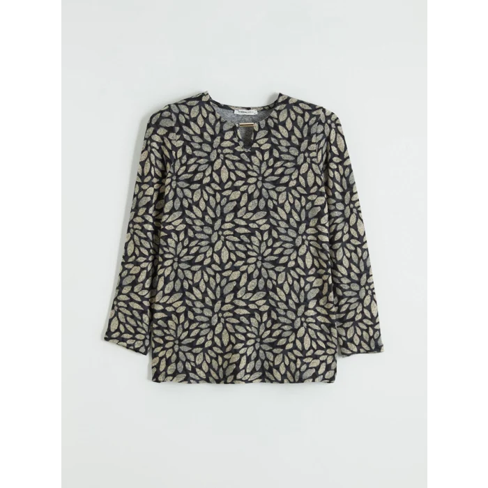 LCW Grace Siyah Bisiklet Yaka Desenli Bluz
