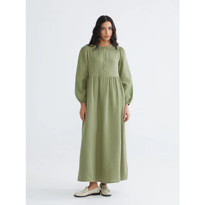 LCW Modest Yeşil Bisiklet Yaka Balon Kollu Müslin Elbise