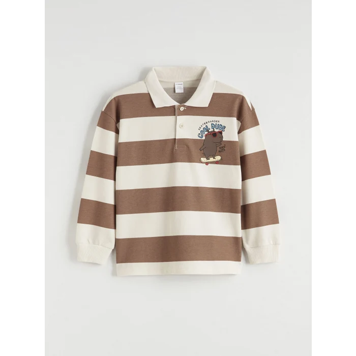 LCW Kids Kahverengi Polo Yaka Çizgili Baskılı Erkek Çocuk Tişört