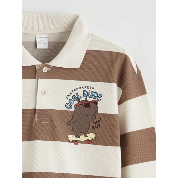 LCW Kids Kahverengi Polo Yaka Çizgili Baskılı Erkek Çocuk Tişört