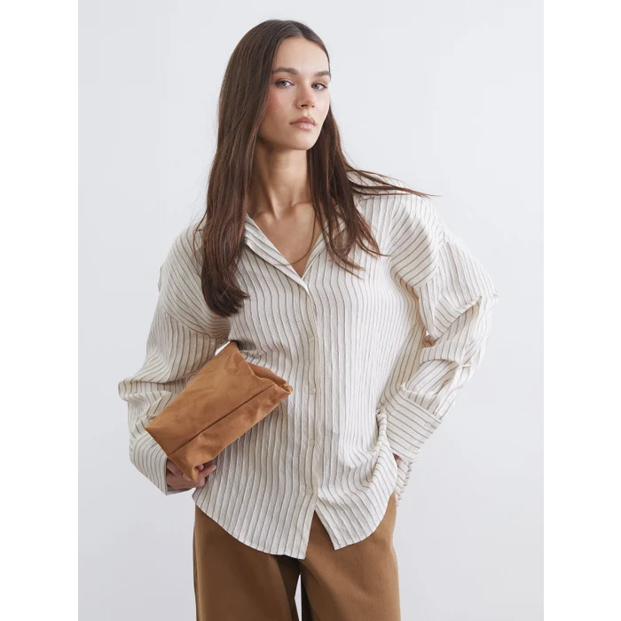 LCW Vision Ekru Çizgili Oversize Kadın Gömlek