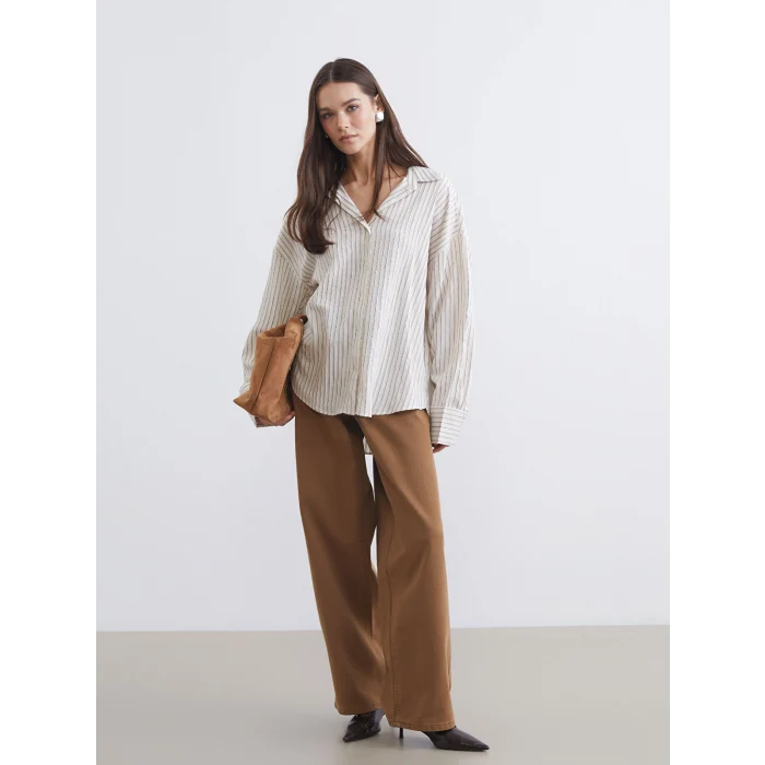 LCW Vision Ekru Çizgili Oversize Kadın Gömlek