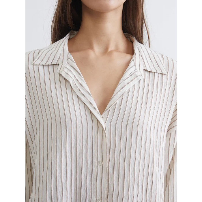 LCW Vision Ekru Çizgili Oversize Kadın Gömlek